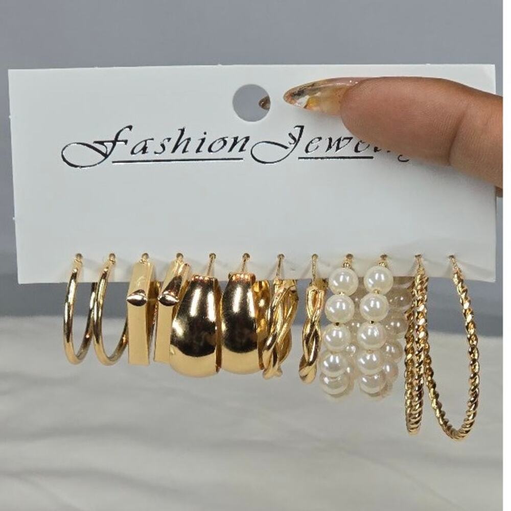 NWT 6-Pair Fashion Jewelry Earring Set Gold Hoops Pearls Twists Styles